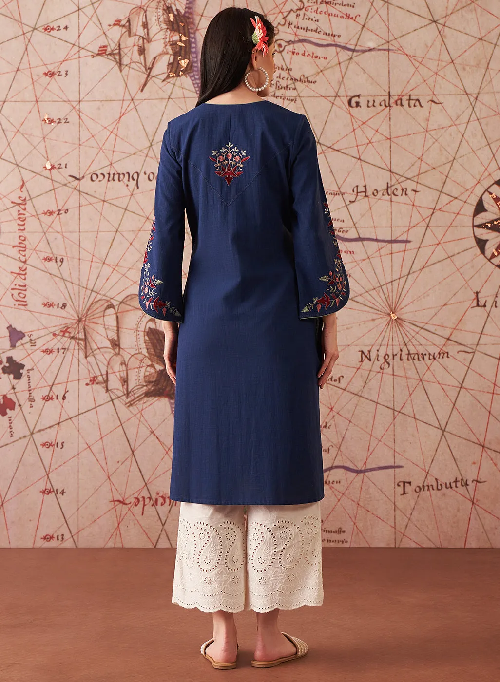 Zahra Royal Blue Embroidered Cotton Slub Kurti for Women