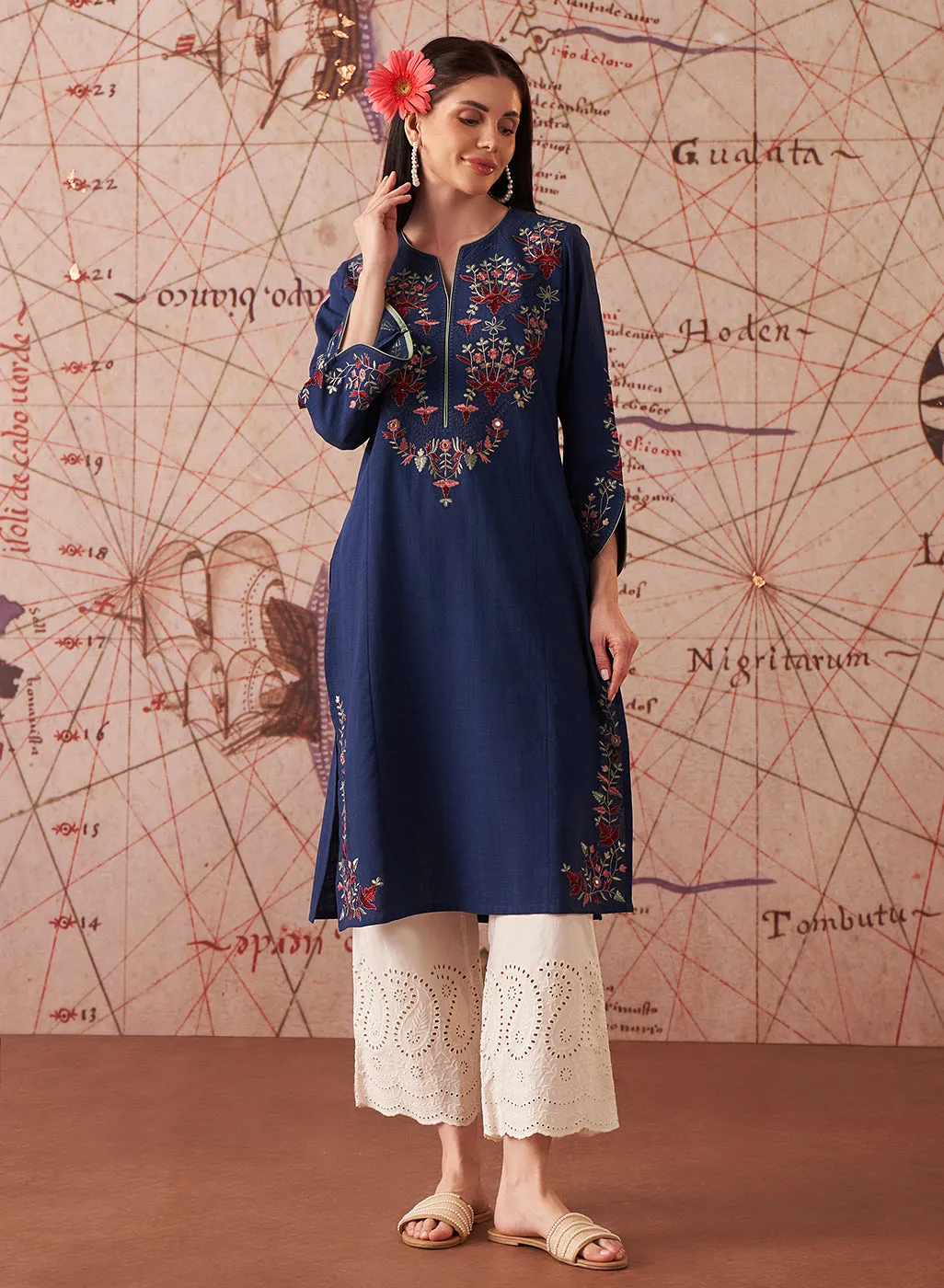 Zahra Royal Blue Embroidered Cotton Slub Kurti for Women